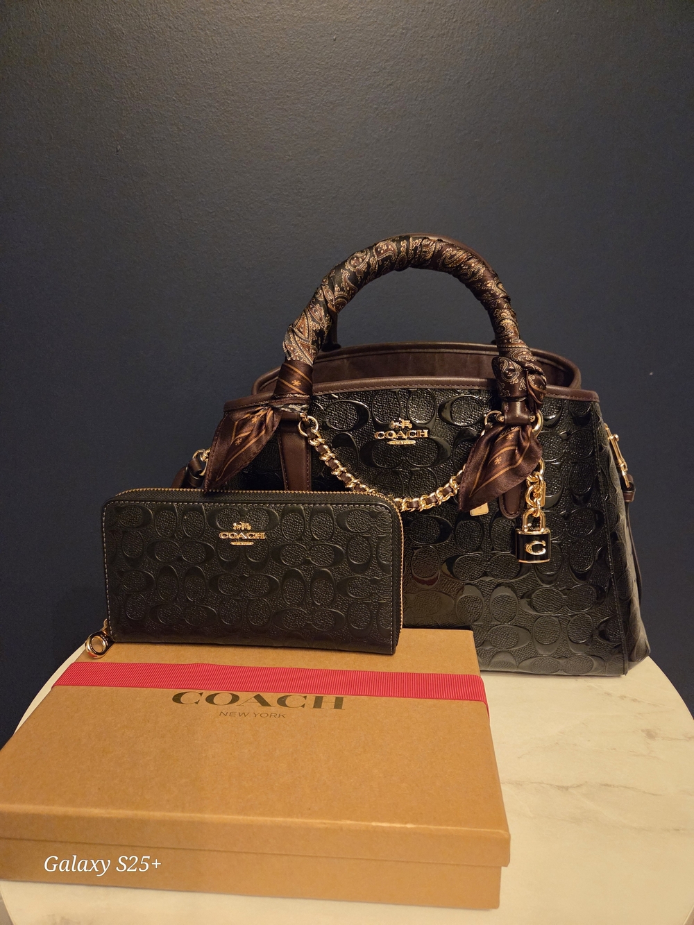 Coach Black Embossed Signature Satchel w/Wallet & Coach Charm